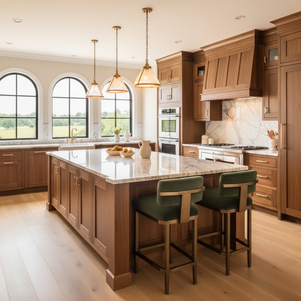 A luxurious, spacious kitchen found in Bucks County, PA, featuring rich walnut cabinetry, marble countertops, and a large island with green velvet bar stools. The space is illuminated by elegant pendant lights and natural sunlight, showcasing a blend of modern and traditional design elements