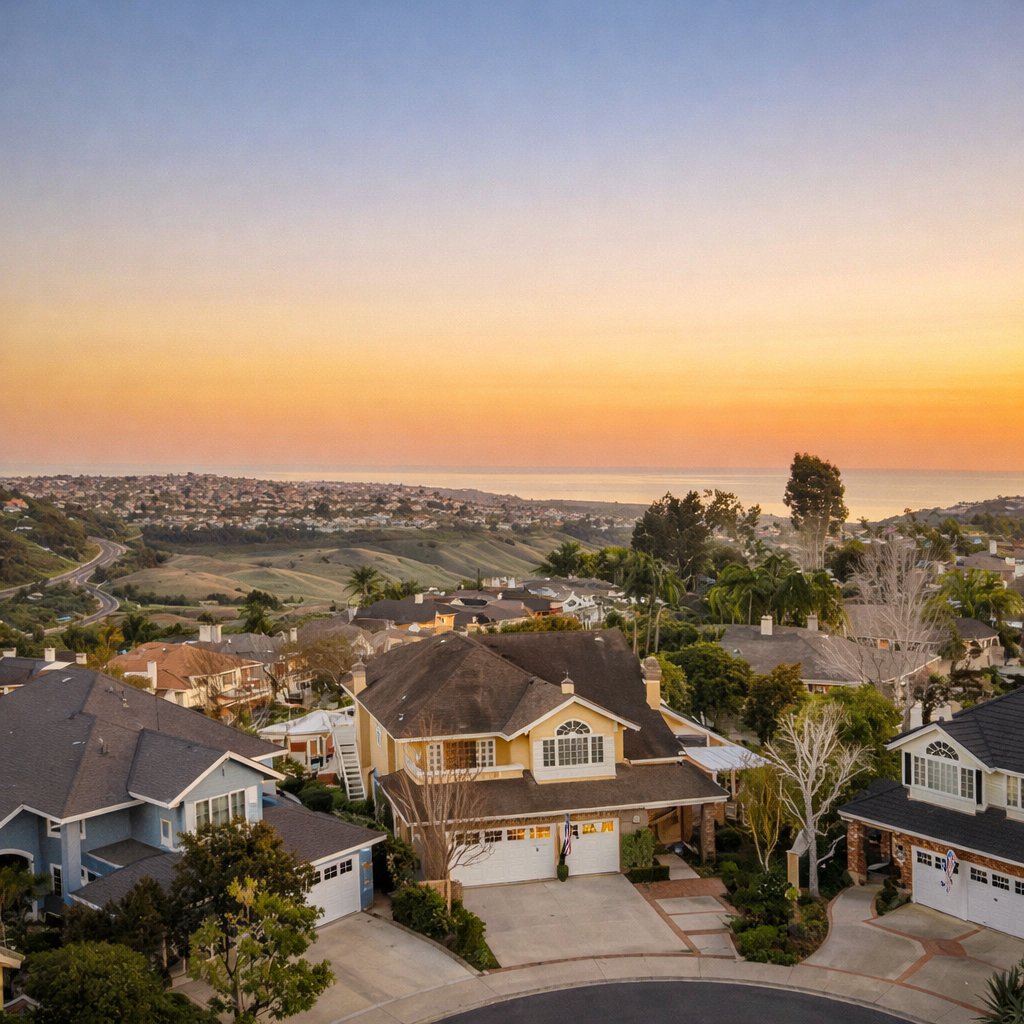 Beautifully landscaped streetscape and Mediterranean homes inside the Creste de Ville gated community, Laguna Niguel
