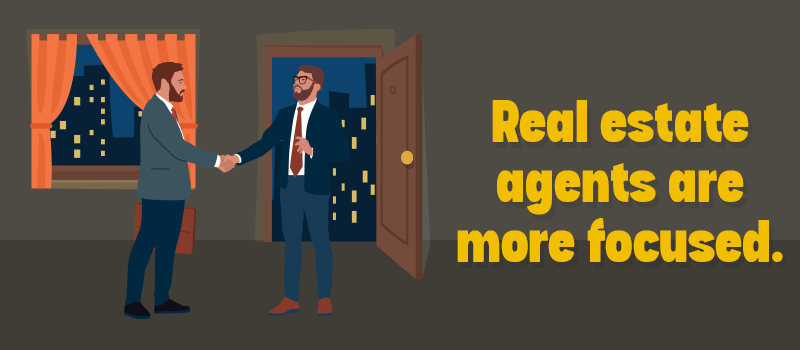 Agents shake hands at night beside text: “Real estate agents are more focused.”