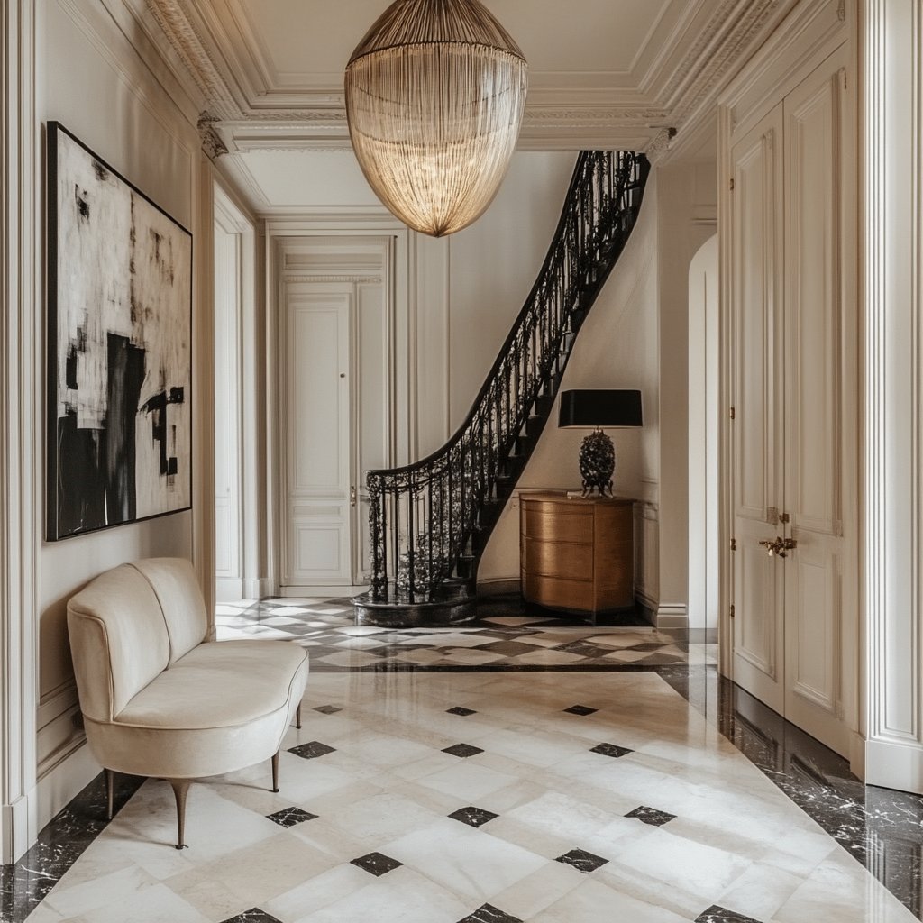 Elegant entry hall with a wrought-iron staircase, patterned marble floor, curved bench, and large pendant light.