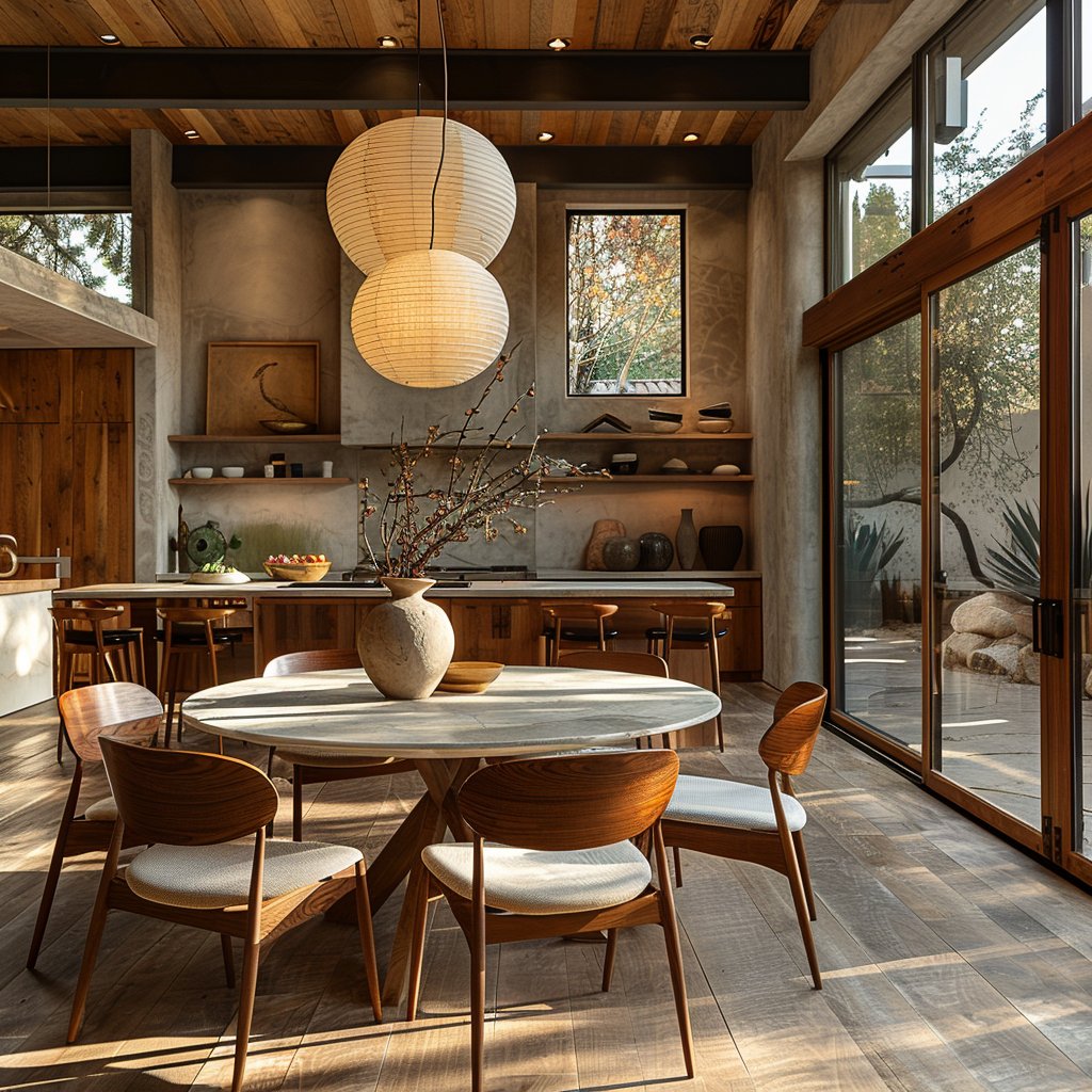 Dining room with a round stone table, wood furnishings, pendant lights, and tall glass doors.