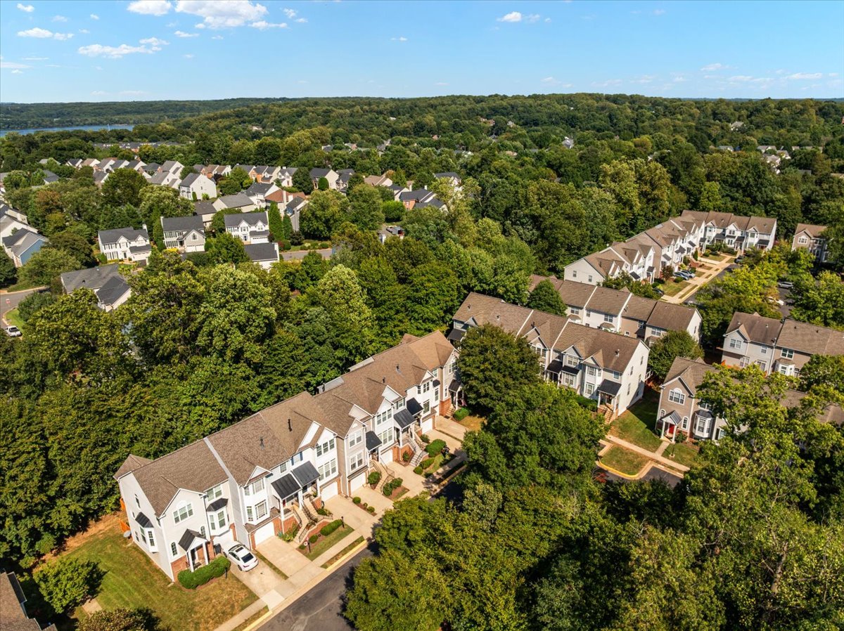 Aerial view of townhouses nestled among trees, with water visible in the distance.