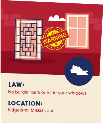 Illustrated warning card about Ridgeland, Mississippi's law against burglar bars outside windows.