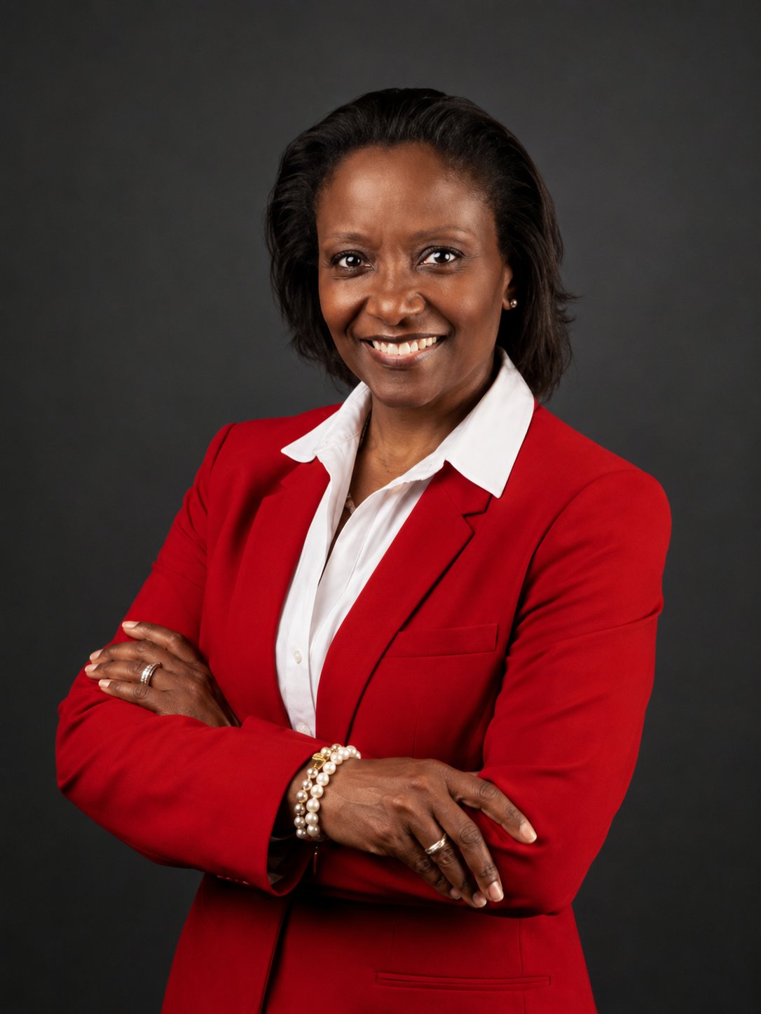 Kayleaser Deveaux-Isaacs smiles with her arms crossed, wearing a red blazer and white shirt.