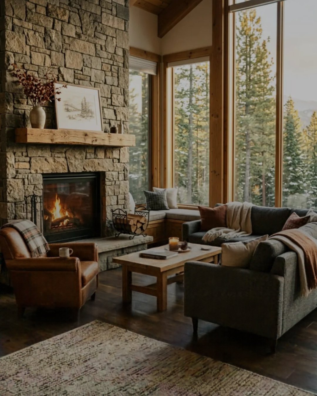 Mountain living room with a stone fireplace, tall windows, and snow-dusted pines outside.