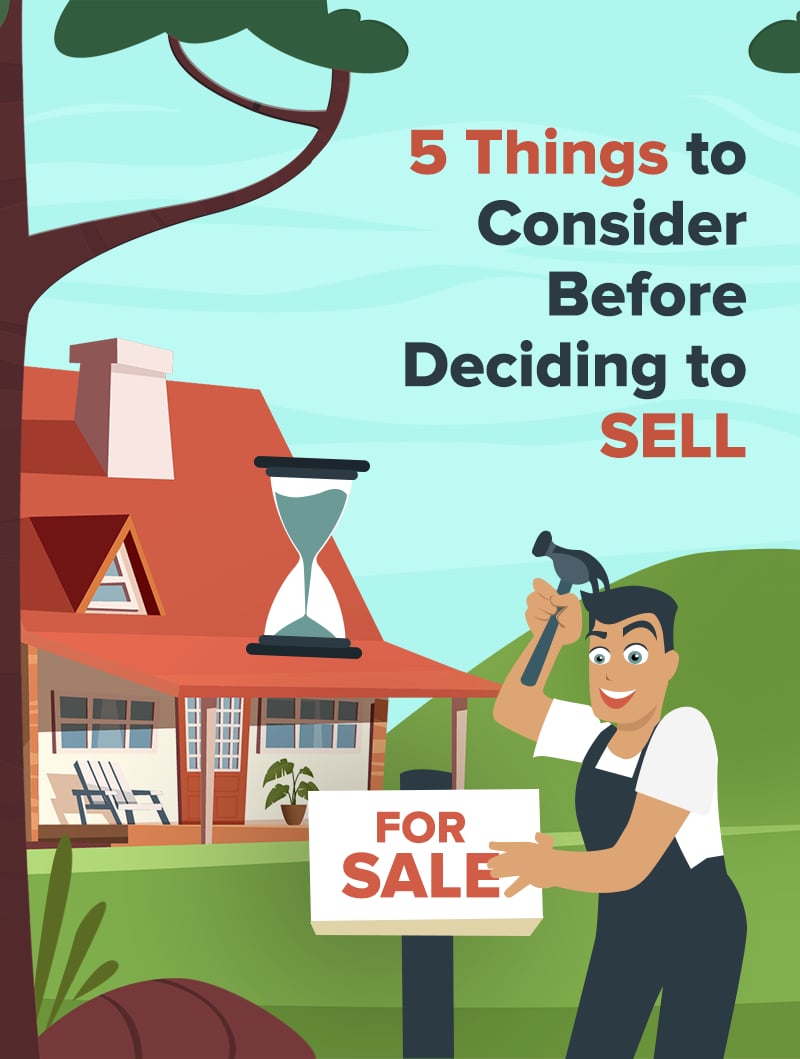 Illustration of a house for sale, with an agent holding a sign and an hourglass.