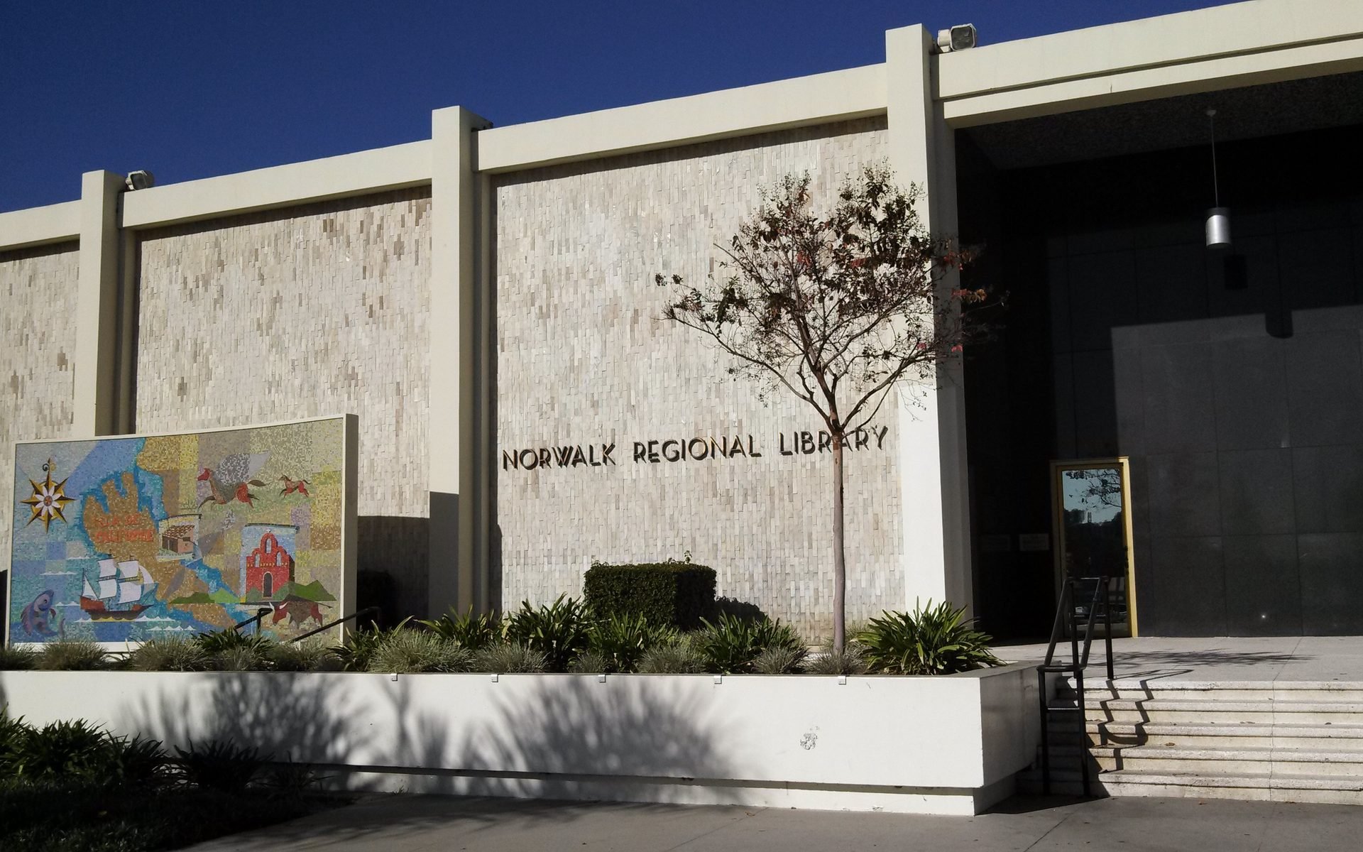 Norwalk Library entrance and mural