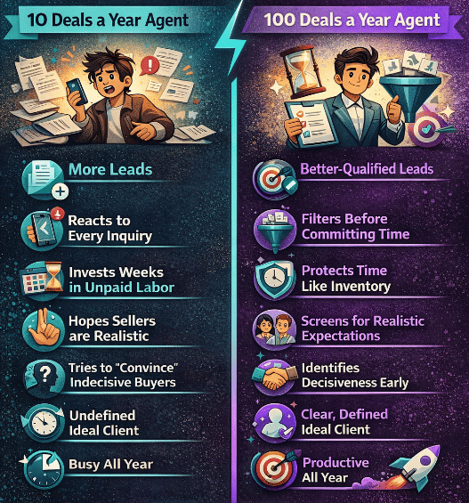 Qualifying real estate leads infographic comparing agents who close 10 deals a year versus 100 deals by focusing on better-qualified clients.