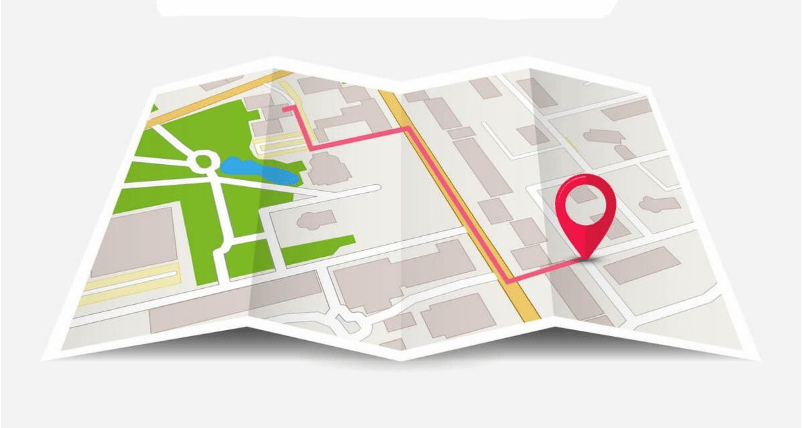 Street map with a red location pin and highlighted route beside a green park.
