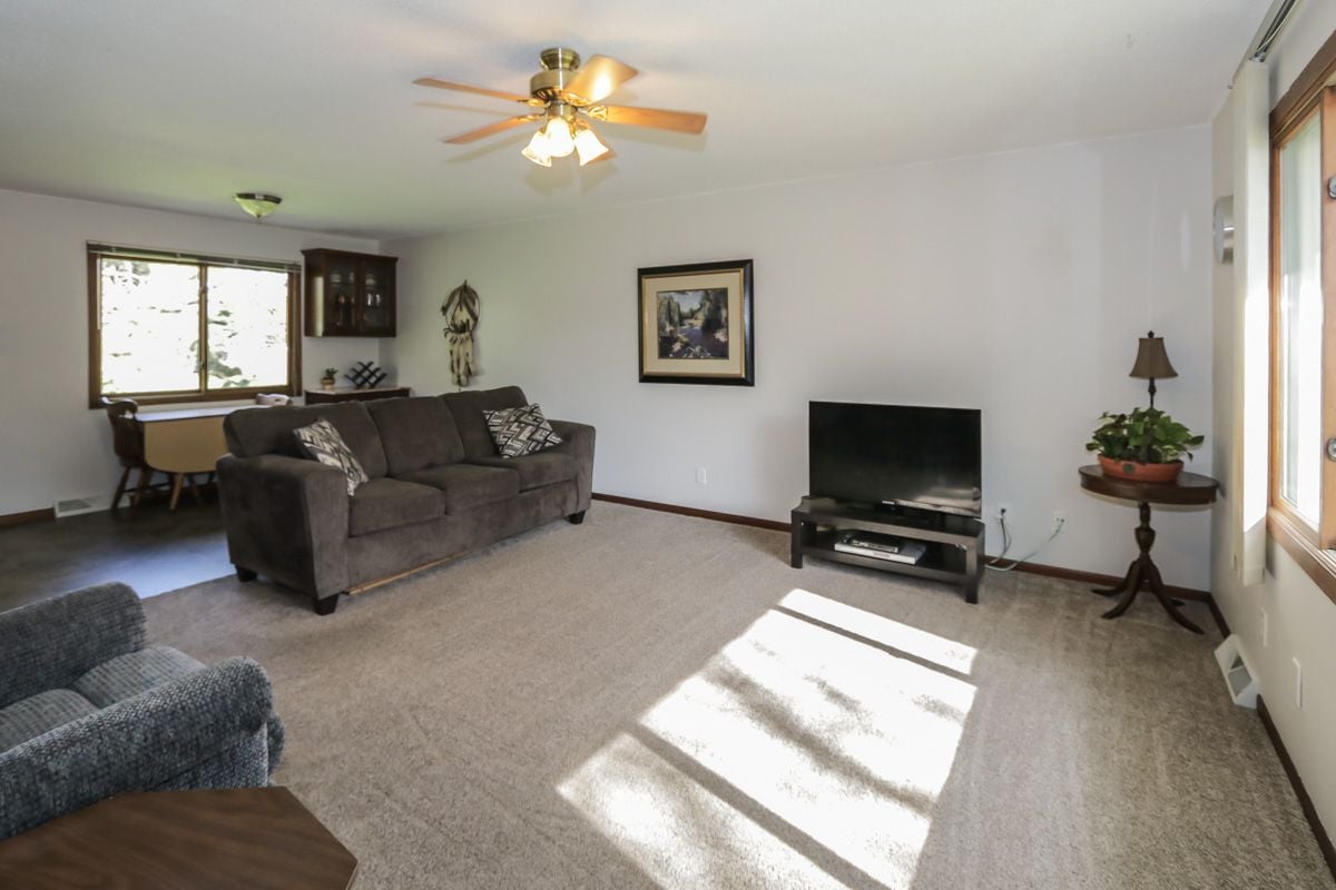 Furnished living room with a dark sofa, television, ceiling fan, and sunlight across beige carpet.