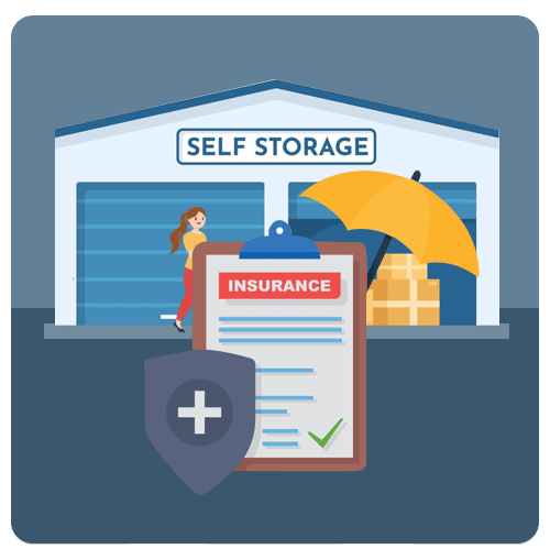 Self-storage insurance illustration with a storage facility, umbrella-covered boxes, and a shield.