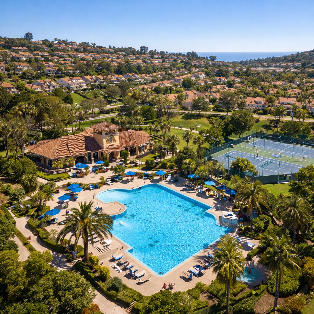 Community clubhouse, pool, and landscaped common areas at Marina Hills, Laguna Niguel