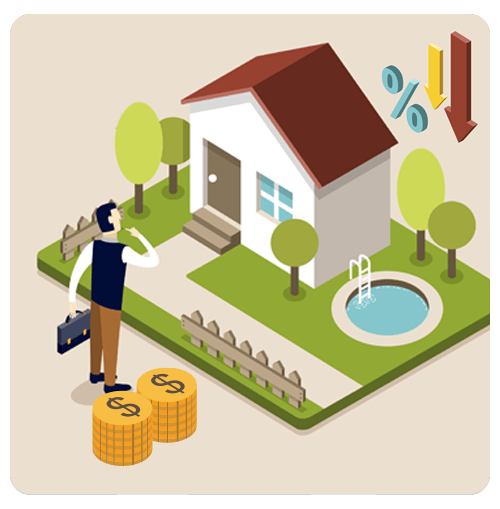 Illustration of a home, a person carrying a briefcase, dollar-sign coins, and percentage arrows.