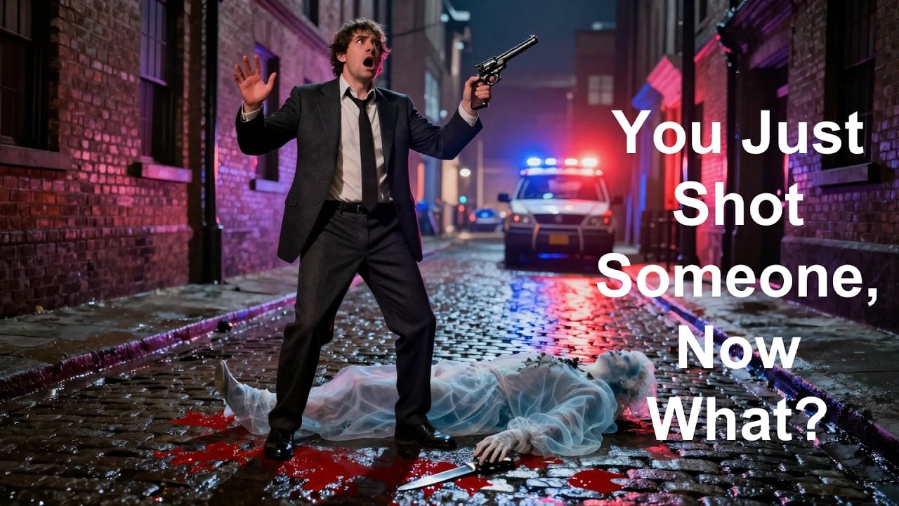 A man in a suit stands in a dimly lit alley holding a handgun with his hands partially raised, while a person lies on the ground nearby and police lights flash in the background.