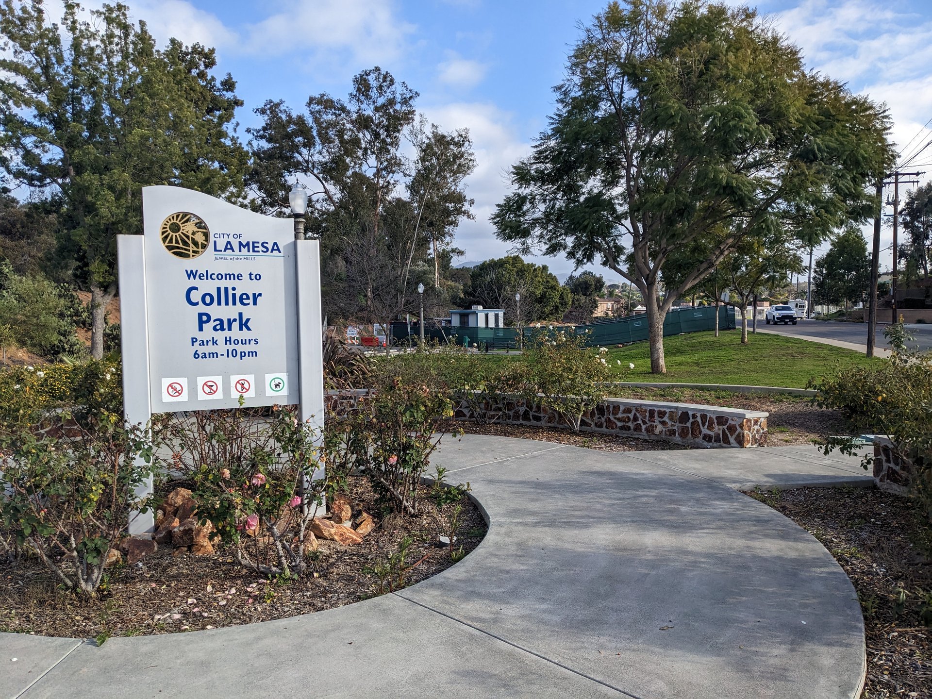 City of La Mesa welcome sign at Collier Park, the site of the 1907 spring house, uploaded February 2023