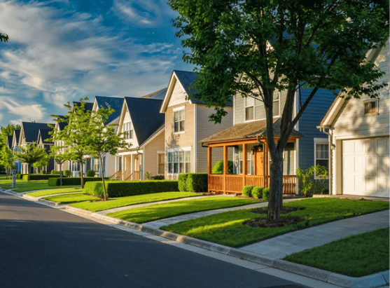 Cape Cod-style homes line a quiet street with front lawns and mature trees.