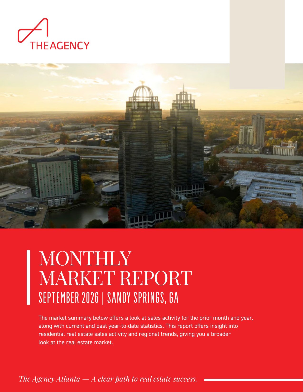 Monthly Market Report September 2026 cover for the Sandy Springs real estate market with twin office towers at sunset