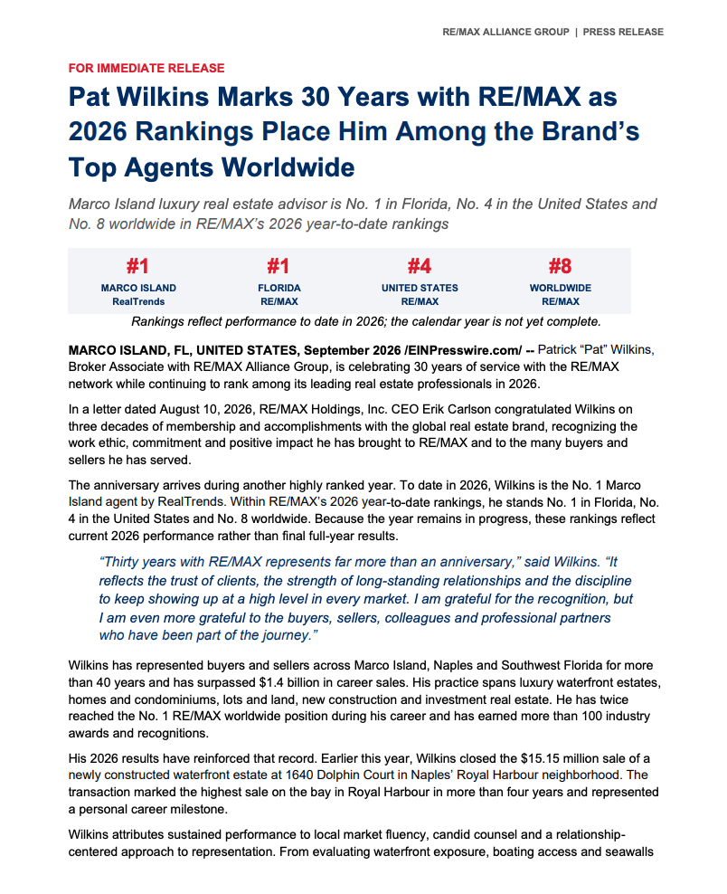Pat Wilkins Marks 30 Years with RE/MAX as 2026 Rankings Place Him Among the Brand’s Top Agents Worldwide