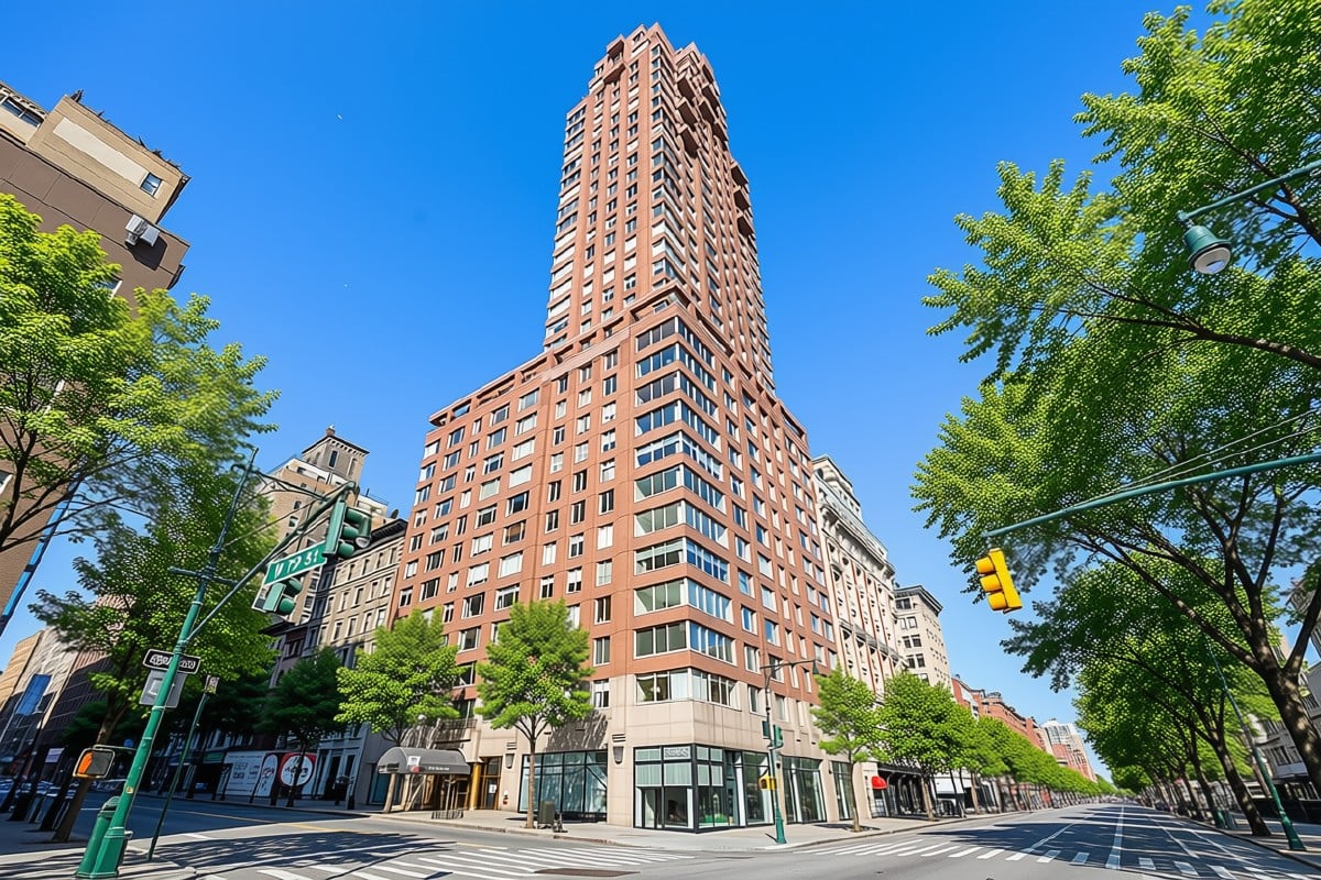 The Park Belvedere tower rises above a tree-lined intersection, with its stepped brick facade and glass storefronts.