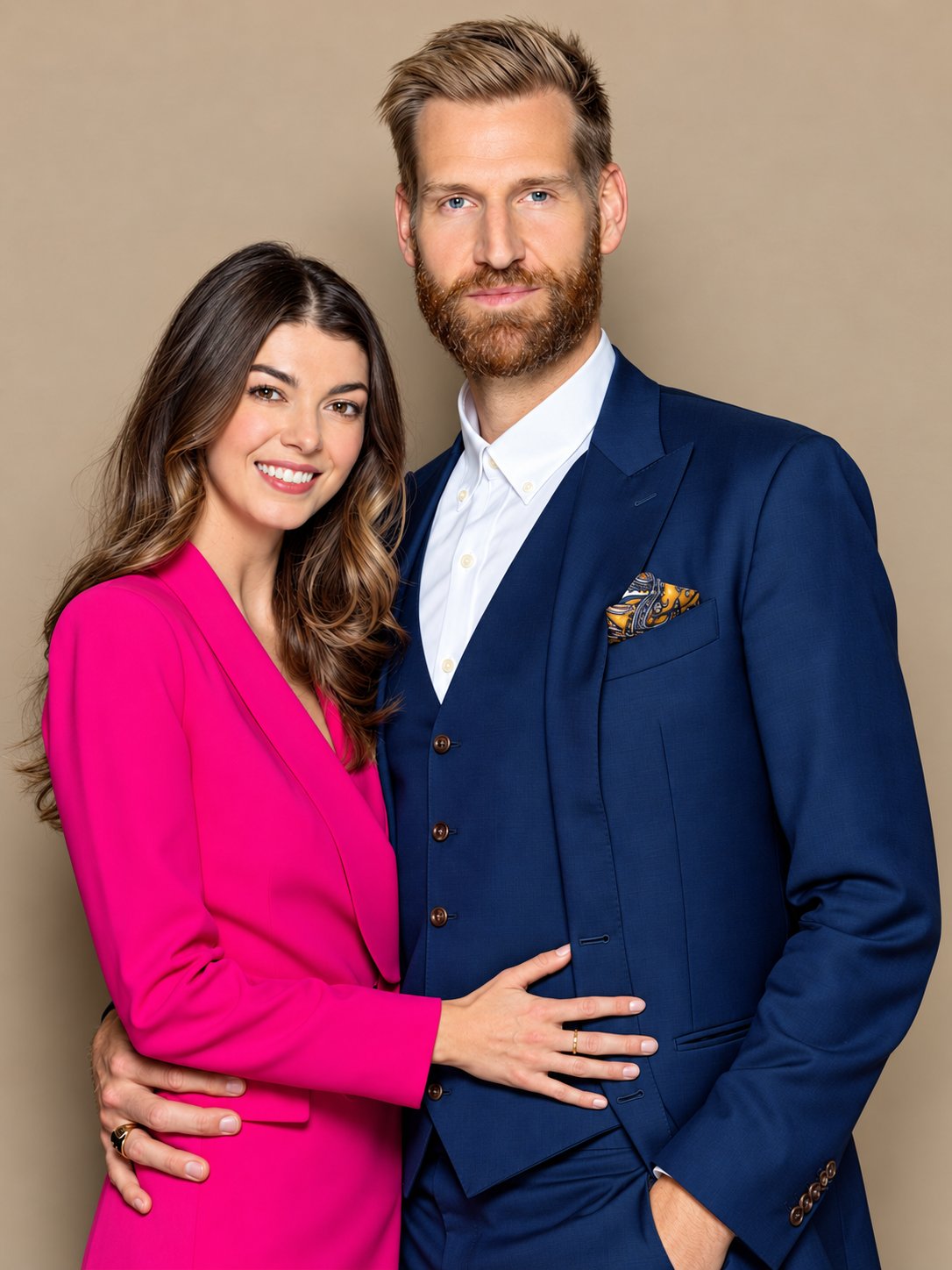 Two founders pose together, wearing a bright pink blazer and a navy suit.