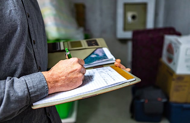 Home inspector records findings on a clipboard during an indoor inspection.