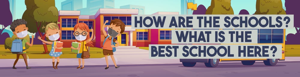 Children with backpacks walk past a school bus beneath questions about local schools.