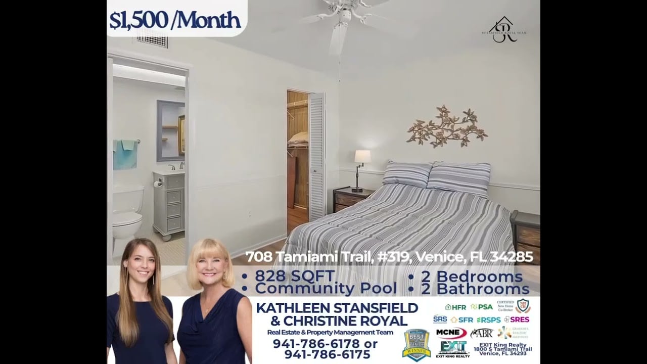 Condo For Annual Rent $1350/month or For Sale $175,000 on Venice Island, Fl