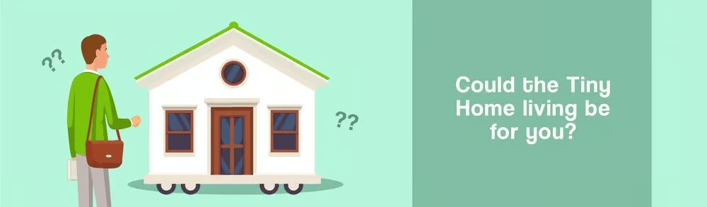 A person considers a small white tiny house on wheels, with question marks.