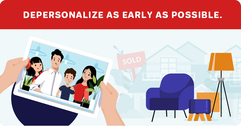 Illustration advises sellers to depersonalize, showing a family photo and a living room with a SOLD sign.
