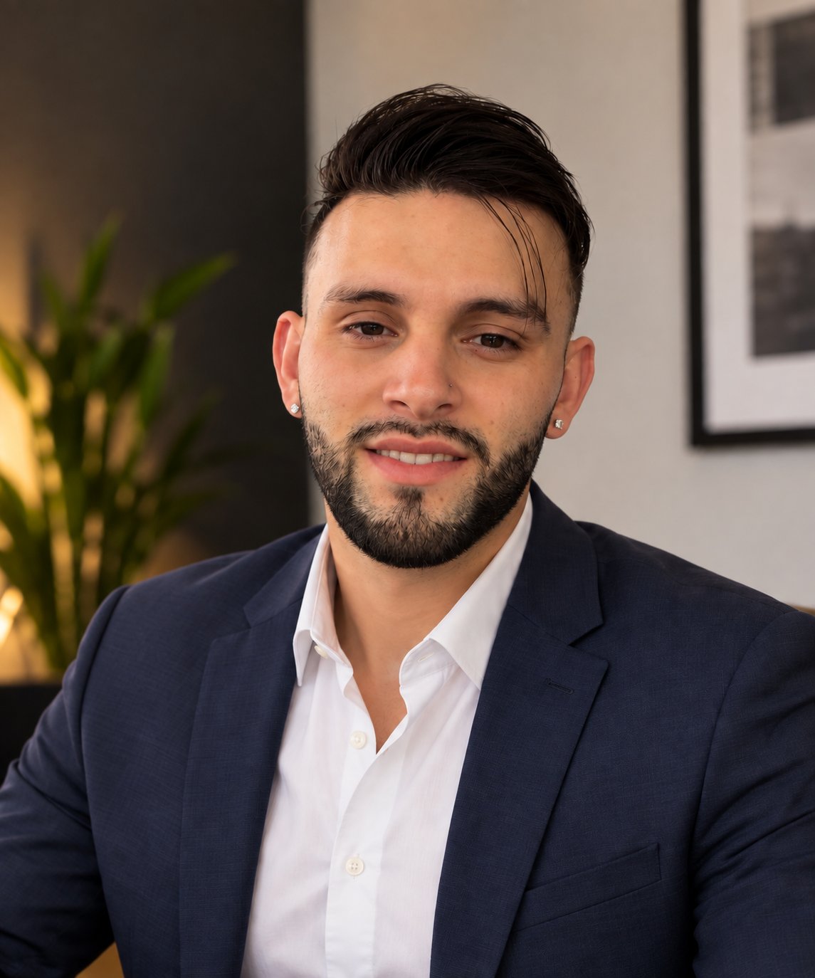 Luis Roman Jimenez wearing a navy suit and white shirt.