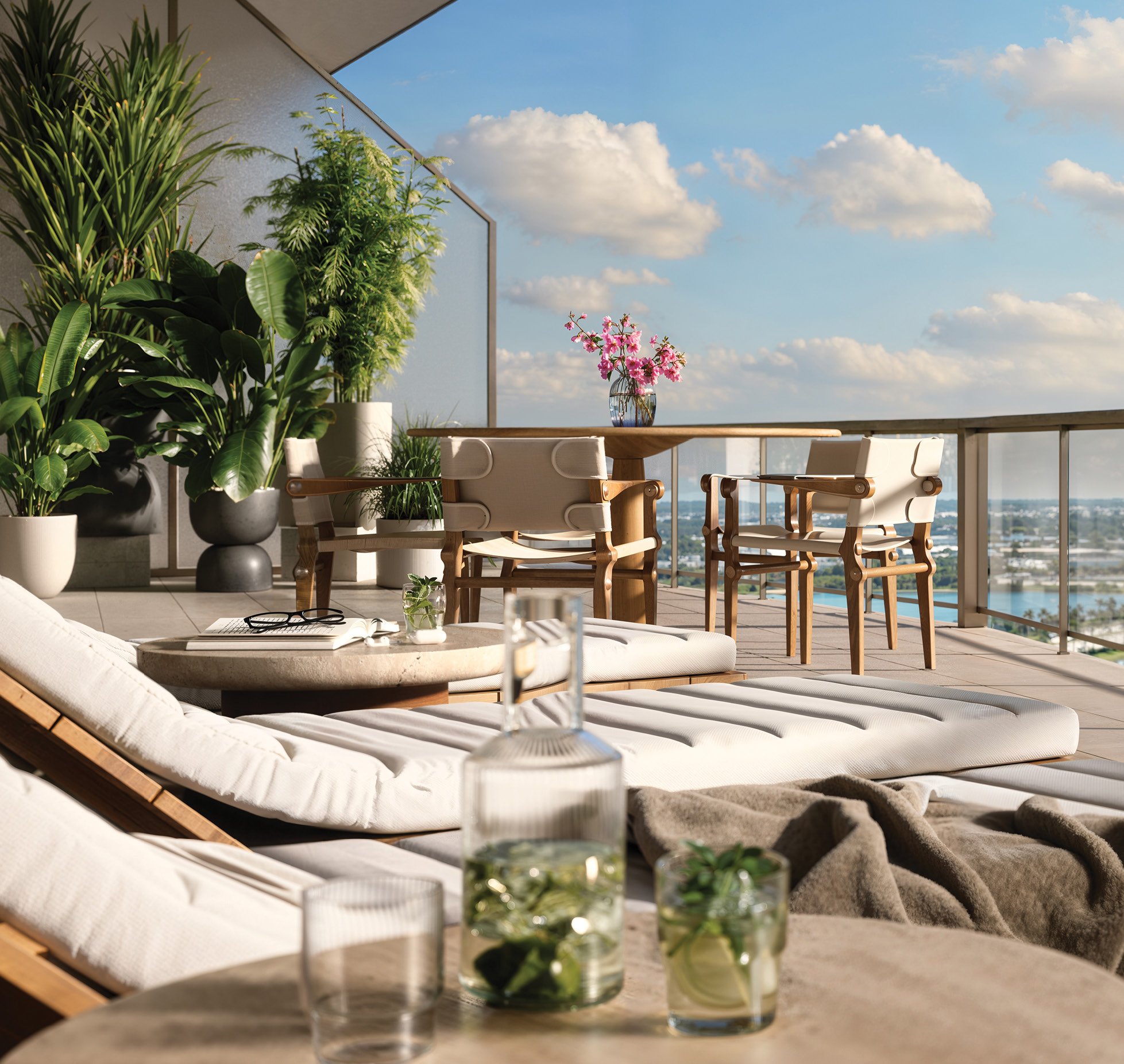 Rendering of a furnished terrace at The Berkeley with tropical plants, loungers and a city-and-water view