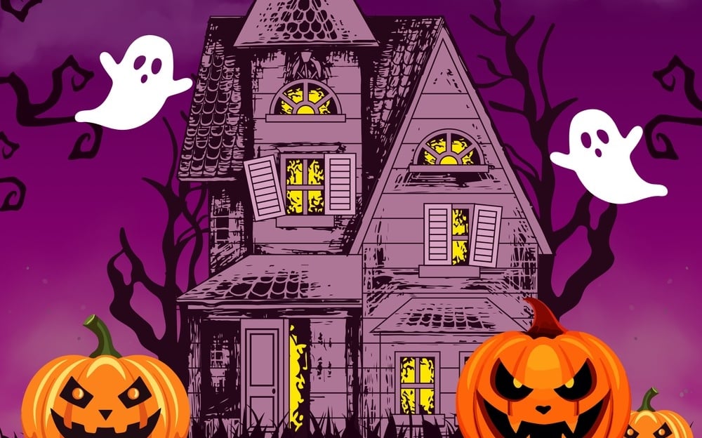 Spooky old-fashioned house with glowing windows, flying ghosts, bare trees, and jack-o’-lanterns.