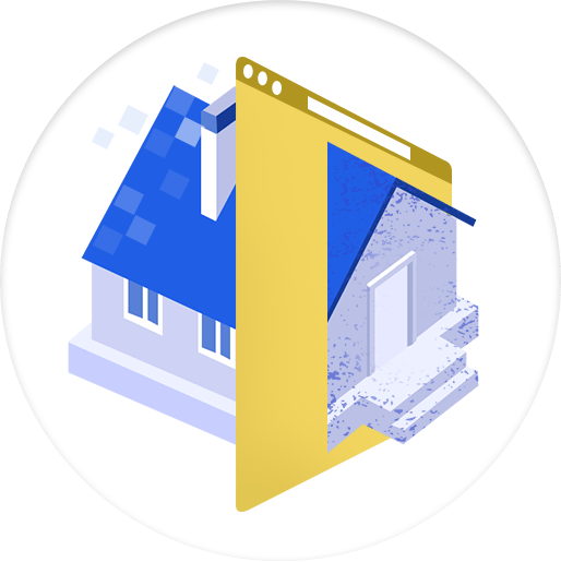 Illustration of a house partly hidden behind a large yellow door.