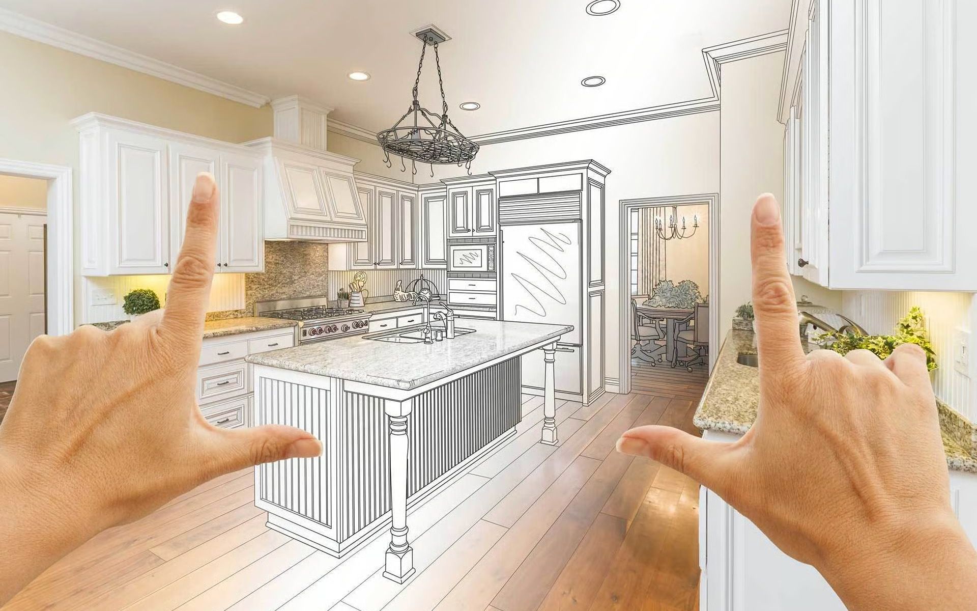 Kitchen with white cabinetry and a large island, partly overlaid with an architectural sketch.