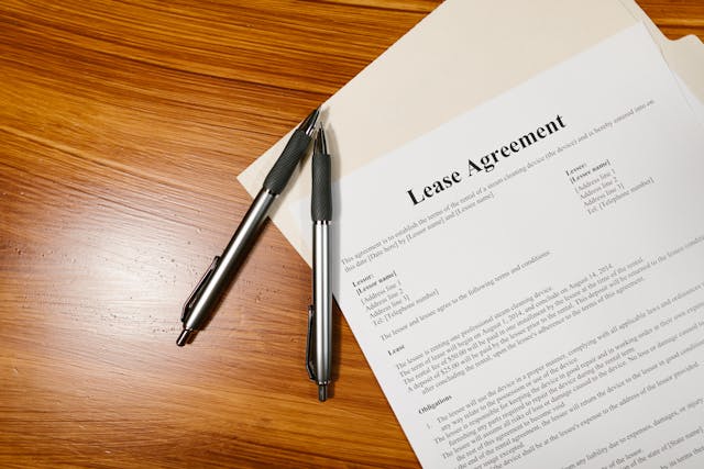 A lease agreement document with two pens on a wooden table.
