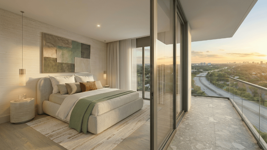 Staged bedroom opening onto a balcony with a distant city skyline at sunset.