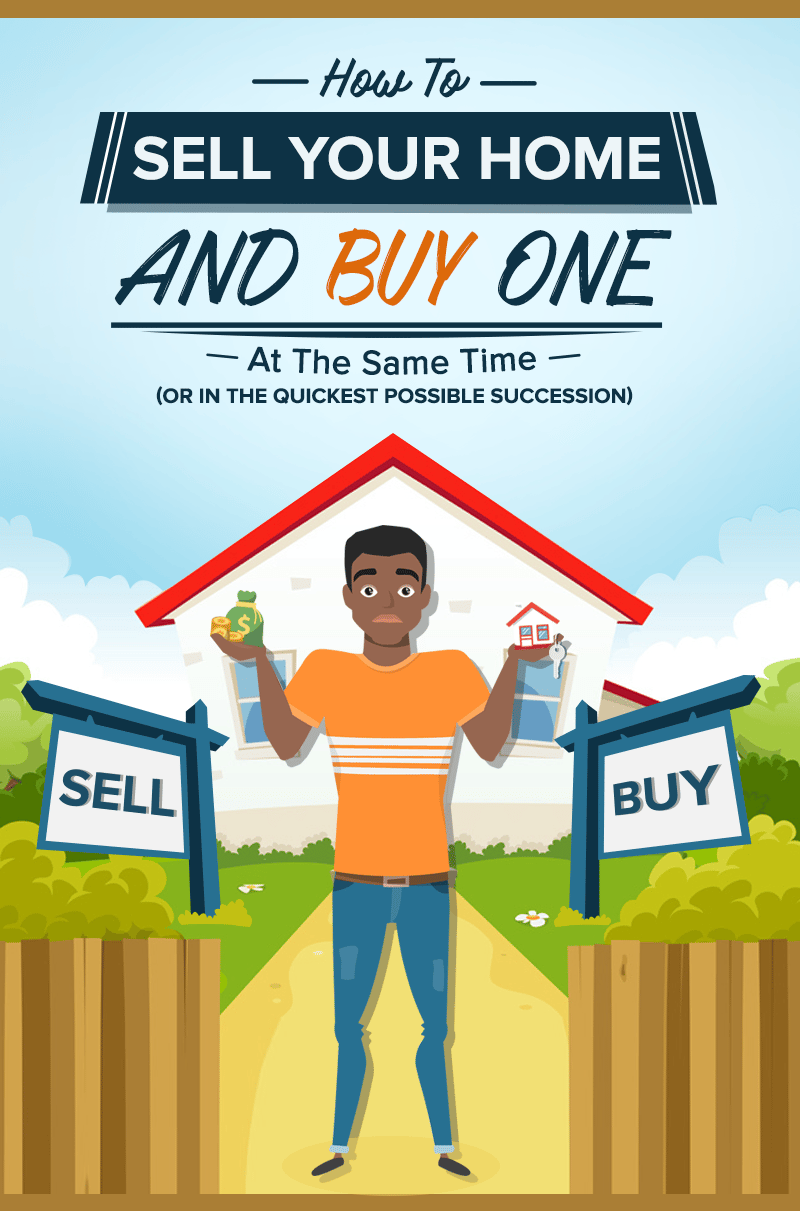 Infographic on selling a home and buying another at the same time, illustrated with a man between SELL and BUY signs.