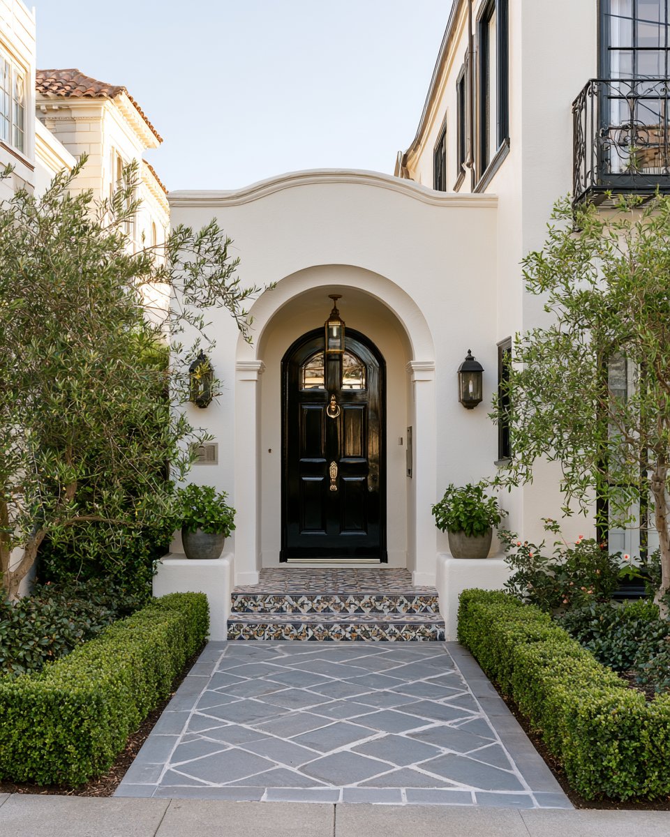 White stucco home entrance with a black door, arched entry, and patterned tile steps.