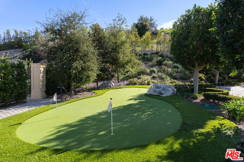 Backyard putting green with two flagsticks, mature trees, and a large decorative rock.