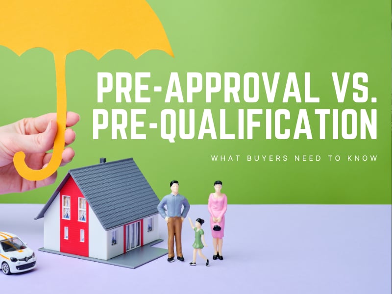 Illustration comparing mortgage pre-approval and pre-qualification for homebuyers, featuring a model house, family figures, and an umbrella symbolizing financial preparedness during the home buying process.