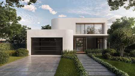 Modern two-story home with large windows, a dark double garage door, and landscaped front yard.