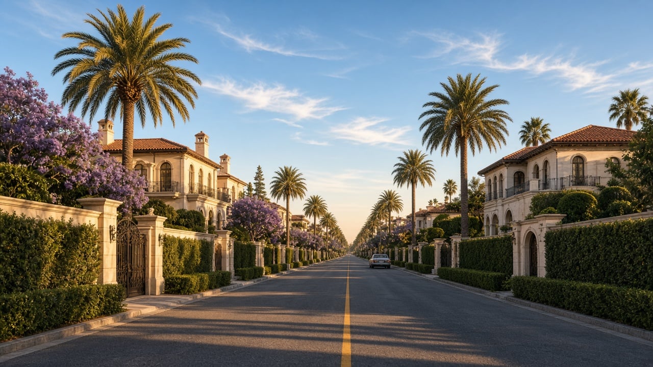 Palm-lined residential street with grand Mediterranean-style homes and gated hedges.
