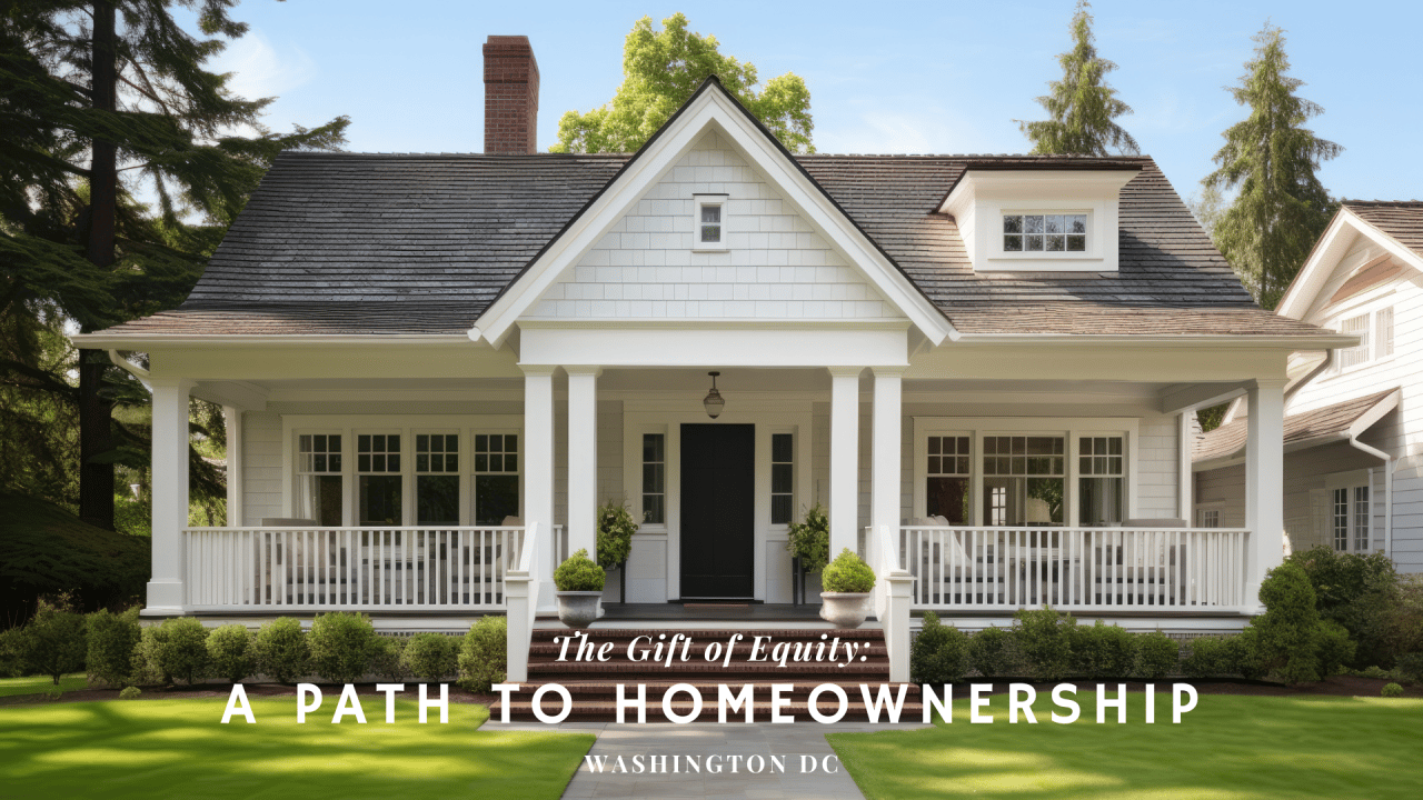 A charming white suburban home with a spacious front porch, surrounded by lush greenery, representing the benefits of a Gift of Equity in homeownership transactions.