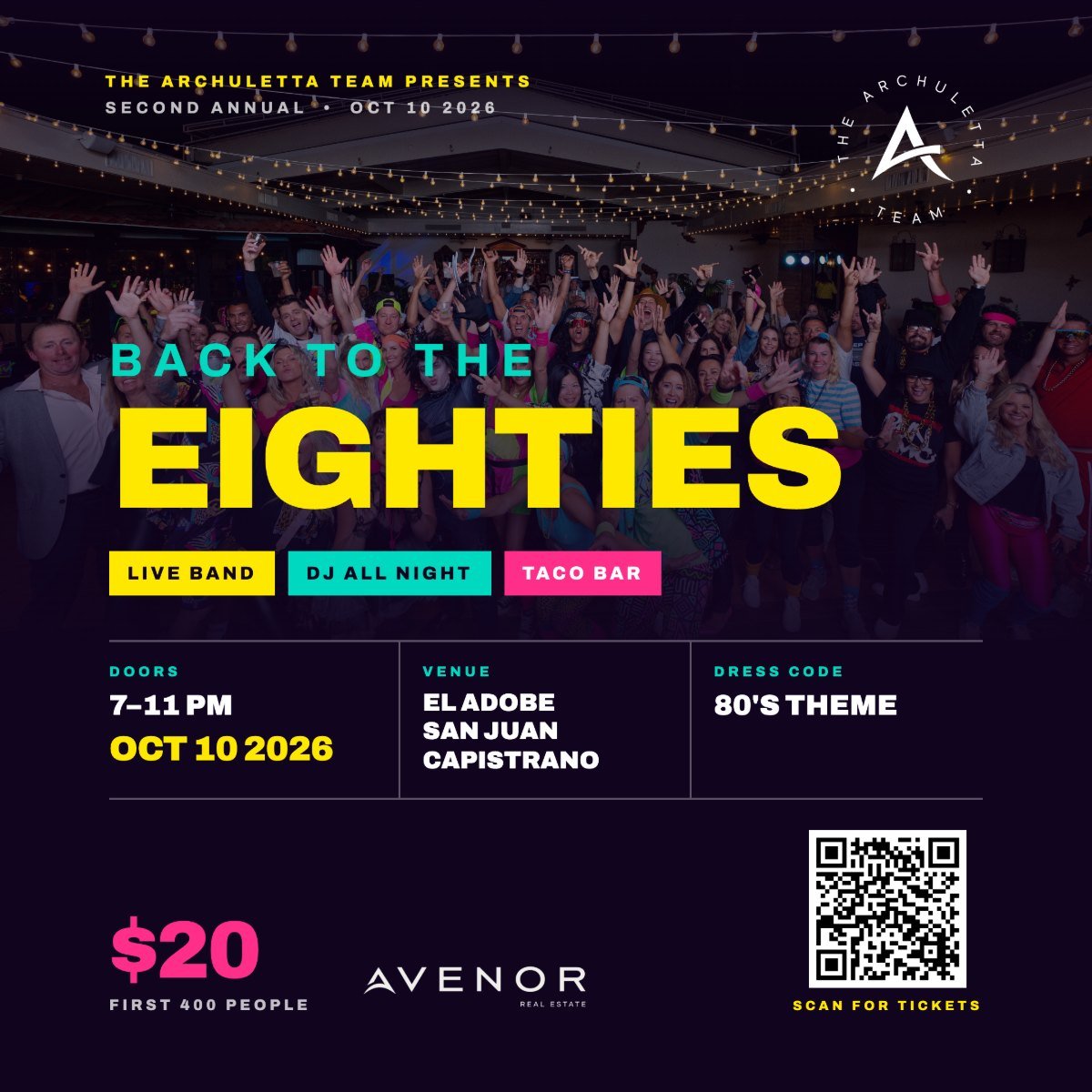 The Archuletta Team’s Back to the Eighties event flyer, with date, venue, ticket details, and QR code.