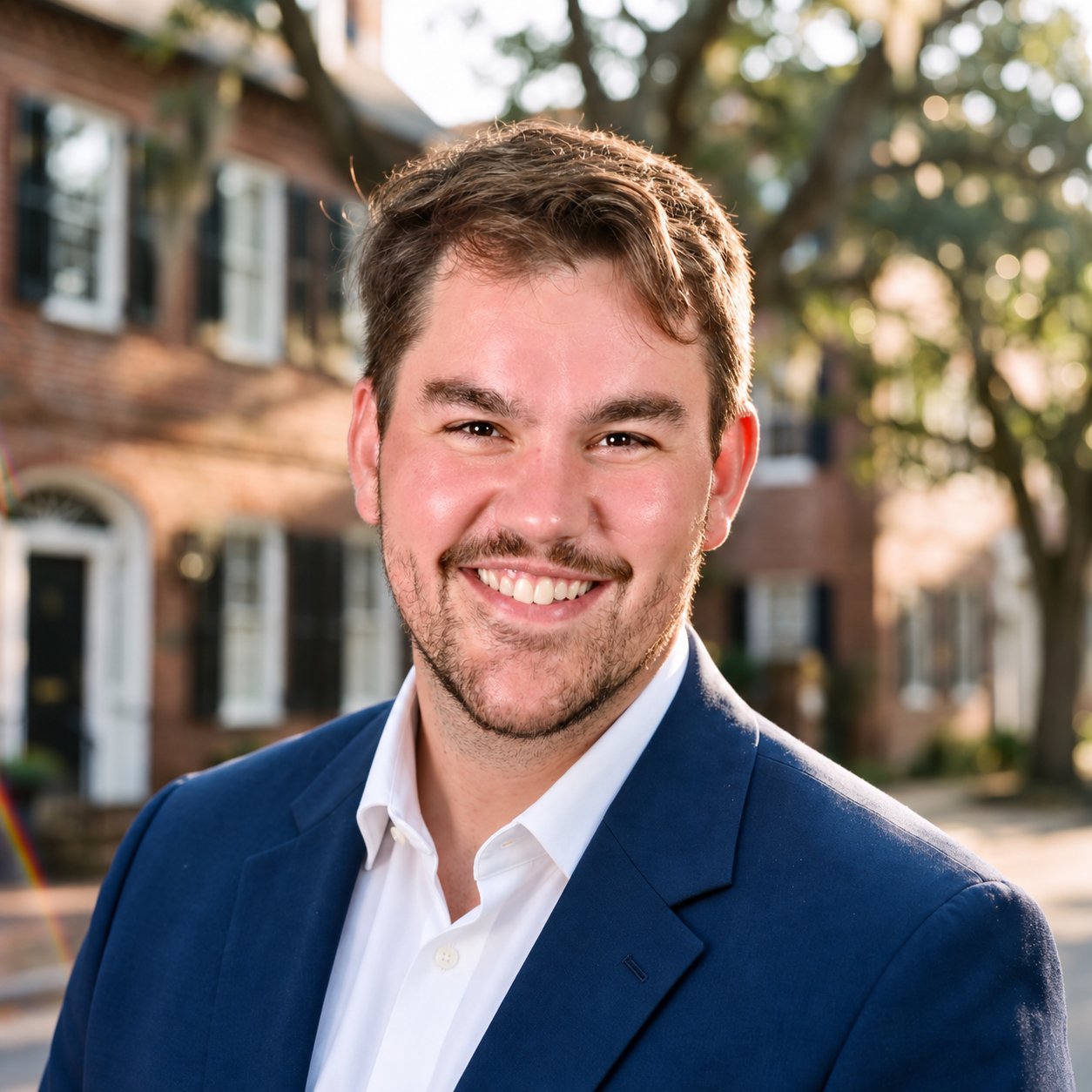 Ryan Wetzel smiling in a navy suit outside a brick building.