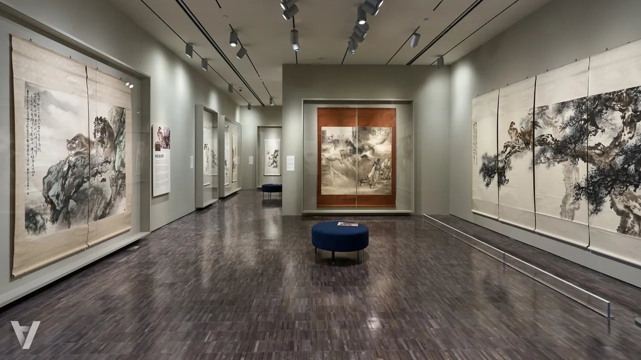 The Asian Art Museum gallery featuring The Bold Brush of Au Ho-nien exhibition with hanging scroll paintings.