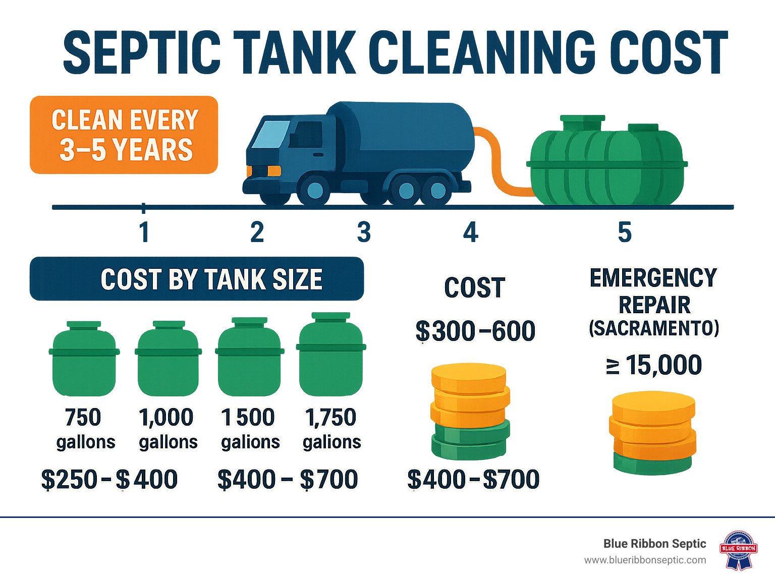 Infographic showing septic tank cleaning intervals, cleaning costs by tank size, and an emergency repair cost.