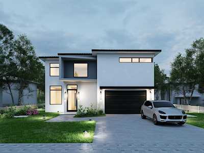 Modern two-story home with illuminated windows, a black garage door, and a white car in the driveway.