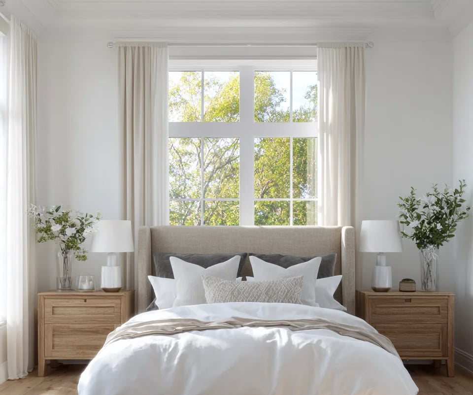 Bright bedroom with a neatly made bed beneath a large window and matching wooden nightstands.