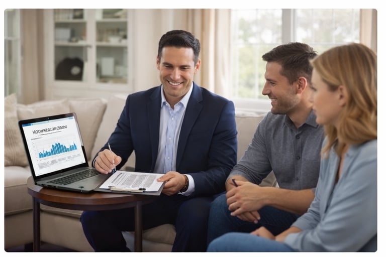 Real estate listing agent reviewing home sale documents and pricing strategy with sellers in Connecticut